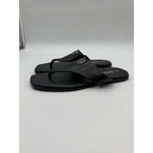 Rihero Womens Black Faux Leather Thong Sandals Square Toe Gold Detail Size 8 NEW